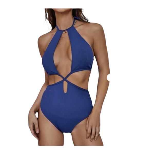 MONOBIKINI SWIMSUIT SZ S Women’s Sexy Criss Cross Ribbed Cut Out Blue - Picture 1 of 8